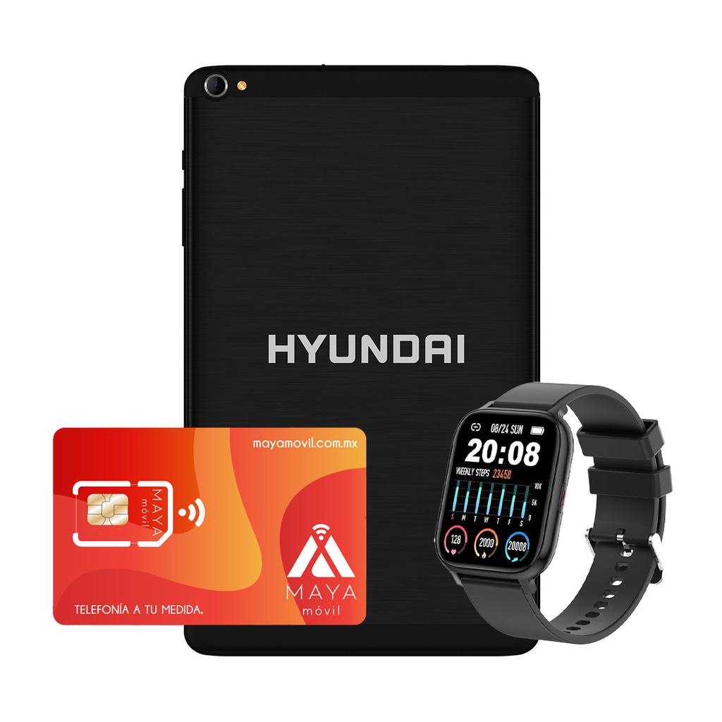 Hyundai HyTab Plus 8LAB1- Negro + Hyundai Smartwatch Negro + Servicio Maya Móvil Plus 3GB vigencia 30 días